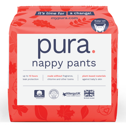 Pura nappy pants packaging with branding and product information on a white background